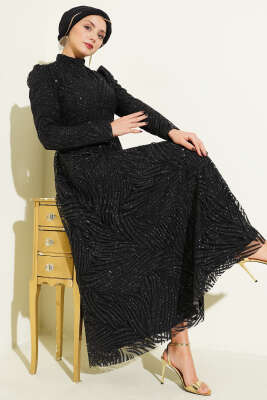 Desenli Simli Pullu Abiye Elbise Siyah 