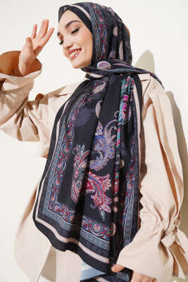 Dijital Paisley Desen Şal Siyah Latte 