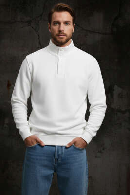 Dik Yaka Çıtçıtlı Erkek Sweatshirt Beyaz - FRESHMAN