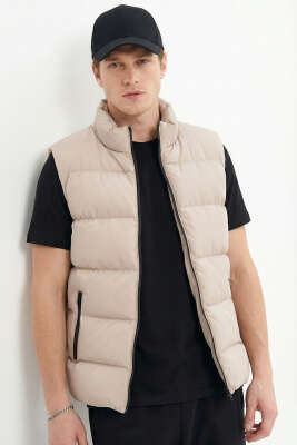 Dik Yaka Fermuarlı Erkek Şişme Mont Bej - DİGA