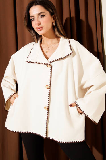 Dikiş Detaylı Düğmeli Kaşe Panço Bej - Kadın Giyim Modelleri