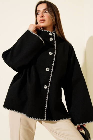 Dikiş Detaylı Düğmeli Kaşe Panço Siyah - Kadın Giyim Modelleri