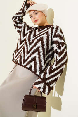 Duble Kol Zikzak Desen Triko Kazak Kahve - NOVALÜX