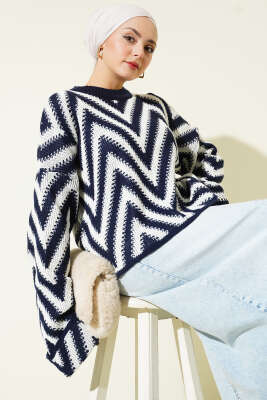 Duble Kol Zikzak Desen Triko Kazak Lacivert - NOVALÜX