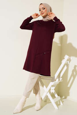 Düğme Detay Uzun Basic Tunik Bordo - Tunik