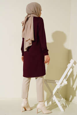 Düğme Detay Uzun Basic Tunik Bordo - Tunik
