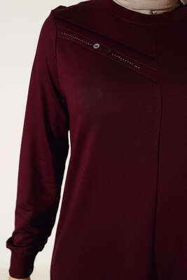Düğme Detay Uzun Basic Tunik Bordo - Tunik