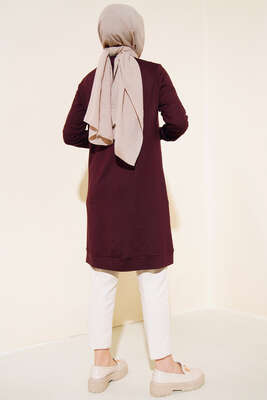 Düğme Detaylı Uzun Tunik Bordo - Tunik
