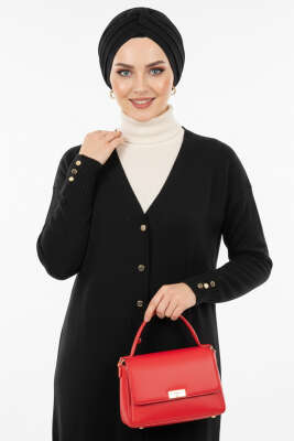 Düğme Detaylı V Yaka Triko Hırka Siyah