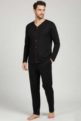 Düğmeli Büyük Beden İnterlok Erkek Pijama Takım Siyah