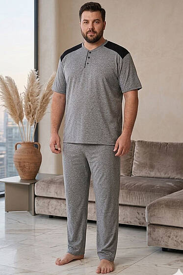 Düğmeli Büyük Beden Kısa Kol Erkek Pijama Takım Gri - Pijama