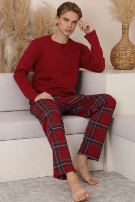 Düğmeli İnterlok Erkek Pijama Takımı Bordo - ERKEK PİJAMA