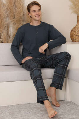 Düğmeli İnterlok Erkek Pijama Takımı Füme 