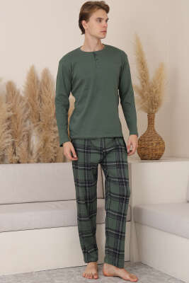 Düğmeli İnterlok Erkek Pijama Takımı Haki 