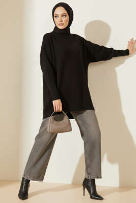 Düşük Kol Detaylı Triko Tunik Siyah