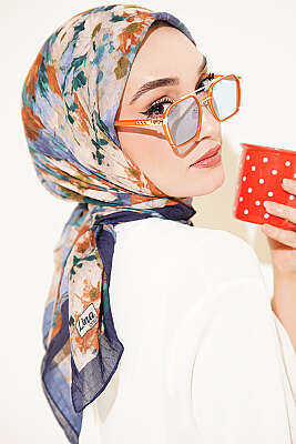 Ebruli Desenli Eşarp Lacivert Bej - MODA KAPRİS