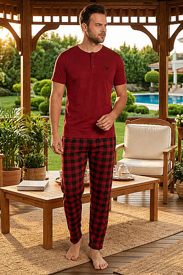 Ekoseli Kısa Kollu Erkek Pijama Takımı Bordo - Pijama & Gecelik