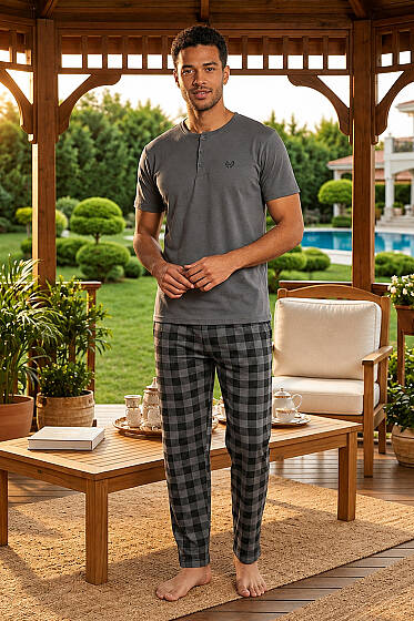 Ekoseli Kısa Kollu Erkek Pijama Takımı Füme - Pijama & Gecelik