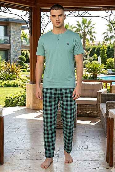 Ekoseli Kısa Kollu Erkek Pijama Takımı Mint - Pijama & Gecelik