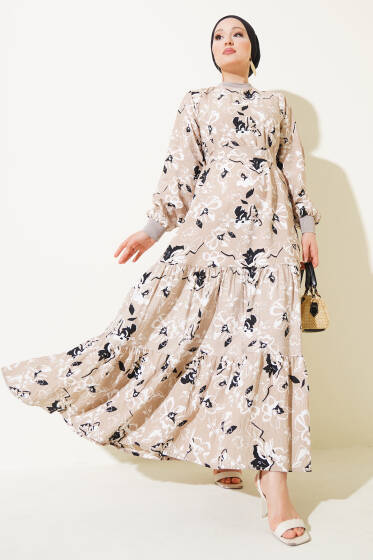 Etek Pileli Çiçek Desenli Elbise Bej - Elbise