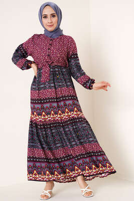 Etnik Çiçek Desenli Elbise Mürdüm