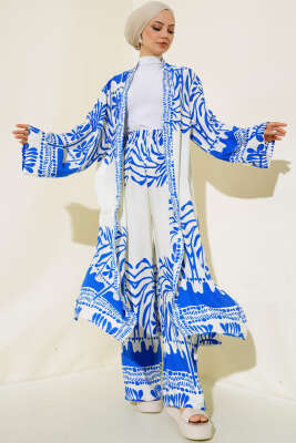 Etnik Desen Kimono İkili Takım Saks 