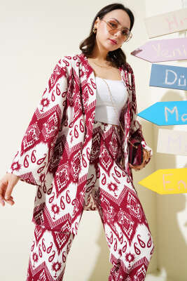 Etnik Desenli Bürümcük Kimono İkili Takım Bordo 