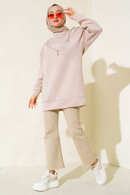 Fermuar Detaylı Oversize Tunik Bej - Tunik