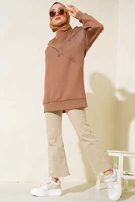 Fermuar Detaylı Oversize Tunik Camel 