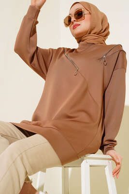 Fermuar Detaylı Oversize Tunik Camel - Tunik