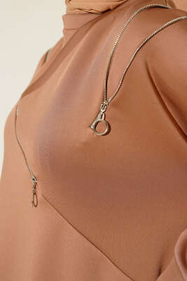 Fermuar Detaylı Oversize Tunik Camel - Tunik
