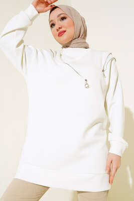 Fermuar Detaylı Oversize Tunik Ekru 