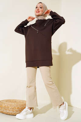 Fermuar Detaylı Oversize Tunik Kahve - Tunik