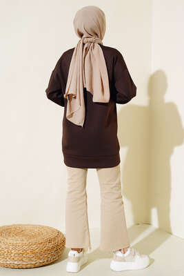 Fermuar Detaylı Oversize Tunik Kahve - Tunik