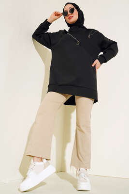 Fermuar Detaylı Oversize Tunik Siyah - Tunik