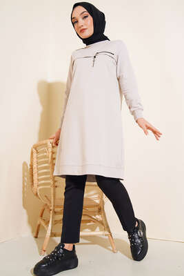 Fermuar Detaylı Tunik Taş - Tunik