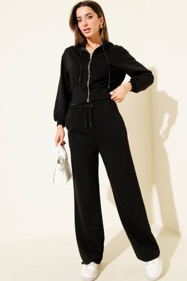 Fermuarlı Kapüşonlu Kısa Hırkalı İkili Takım Siyah - Kadın Giyim Modelleri