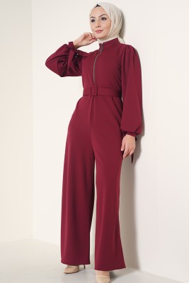 Fermuarlı Kemerli Bordo Tulum