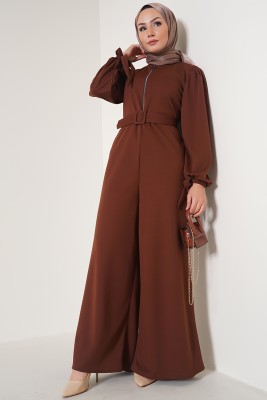 Fermuarlı Kemerli Kahve Tulum