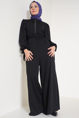 Fermuarlı Kemerli Siyah Tulum