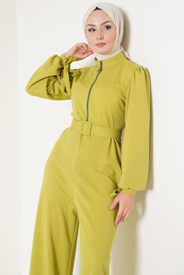 Fermuarlı Kemerli Yeşil Tulum