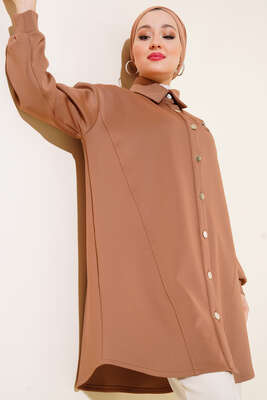 Fermuarlı Metal Düğmeli Scuba Tunik Camel 