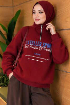 Fermuarlı Üç İplik Baskılı Sweatshirt Bordo - CALİENTE