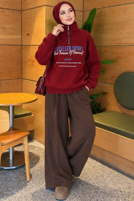 Fermuarlı Üç İplik Baskılı Sweatshirt Bordo - Tunik