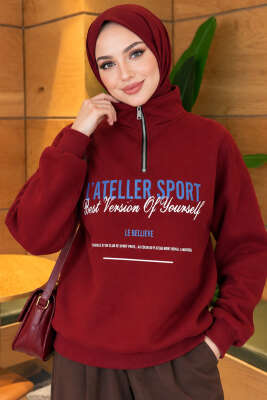 Fermuarlı Üç İplik Baskılı Sweatshirt Bordo - Tunik