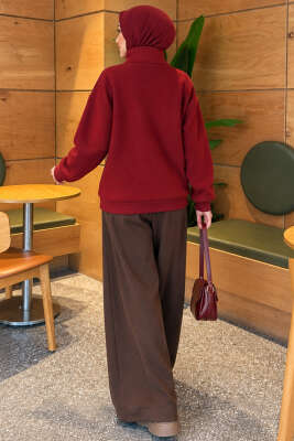 Fermuarlı Üç İplik Baskılı Sweatshirt Bordo - Tunik