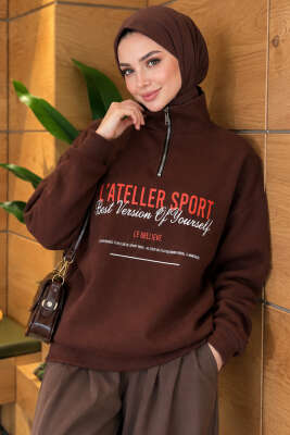 Fermuarlı Üç İplik Baskılı Sweatshirt Kahve - CALİENTE