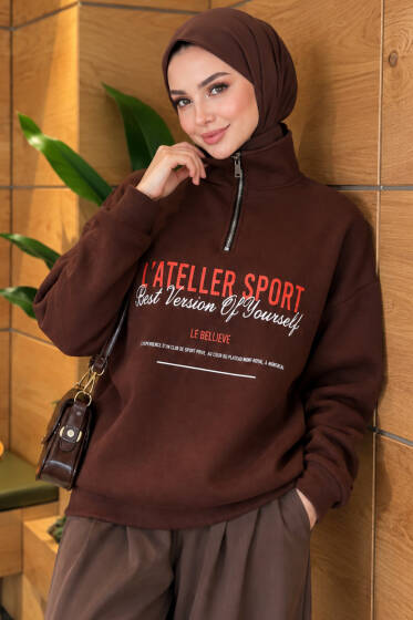 Fermuarlı Üç İplik Baskılı Sweatshirt Kahve - Tunik