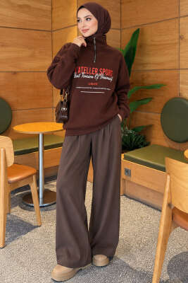 Fermuarlı Üç İplik Baskılı Sweatshirt Kahve - Tunik