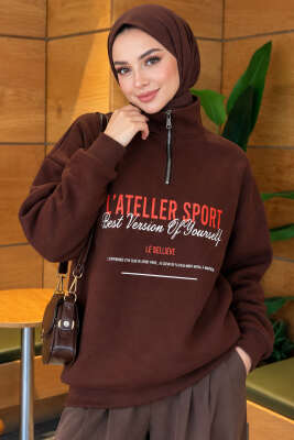 Fermuarlı Üç İplik Baskılı Sweatshirt Kahve - Tunik